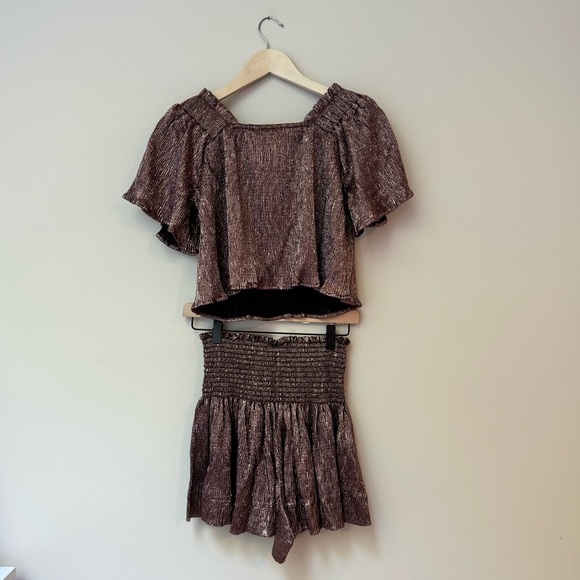 NWOT QUEEN OF SPARKLES QOS Brown Flutter Top and Swing Short Set - Picture 7 of 8